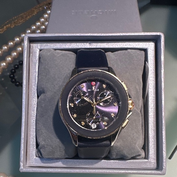 Michele Cape Chronograph Blue Dial Yellow Topaz Markers FULL SET w TAG - Picture 4 of 8